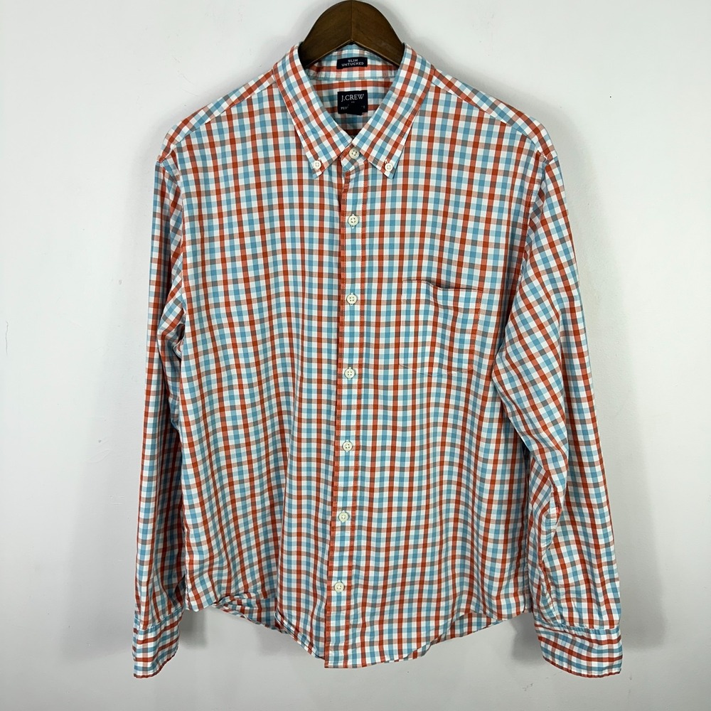 J.Crew Performance Shirt Mens XL Orange Blue Gingham Slim Untucked Button Down‎